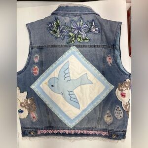 Women’s Upcycled Hand Stitched Denim Vest, Medium, Floral/Lace/Embellished
